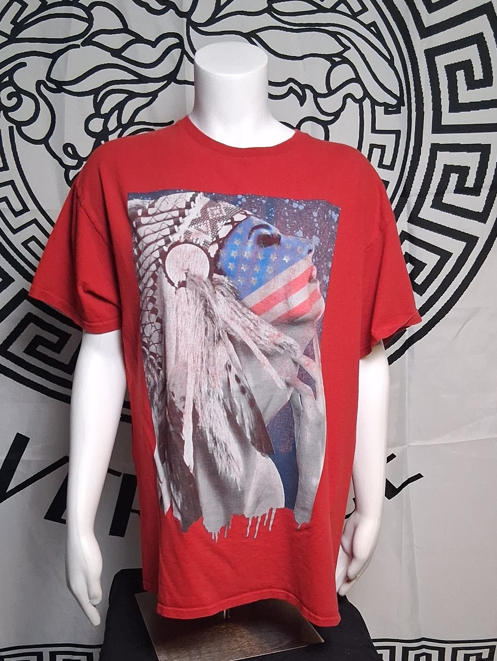 Men's Red Graphic Short Sleeve Tee with Patriotic Headdress Print